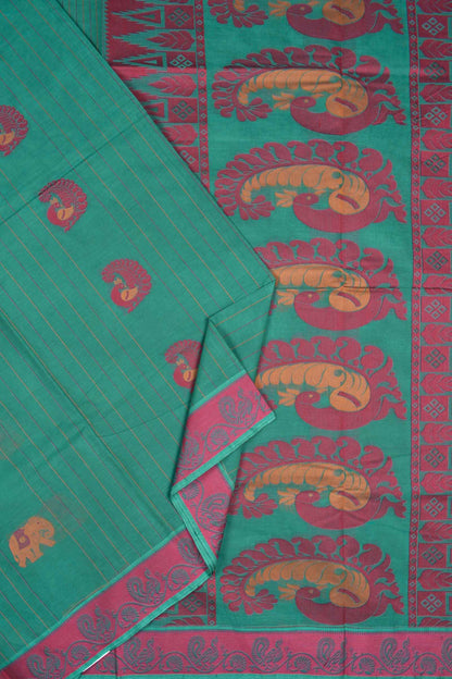 Green Pure South Cotton Elephant Peacock Butta Rich Pallu Saree