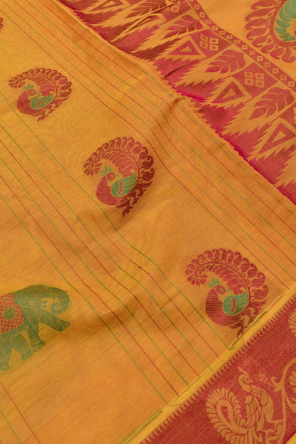 Orange Pure South Cotton Elephant Peacock Butta Rich Pallu Saree