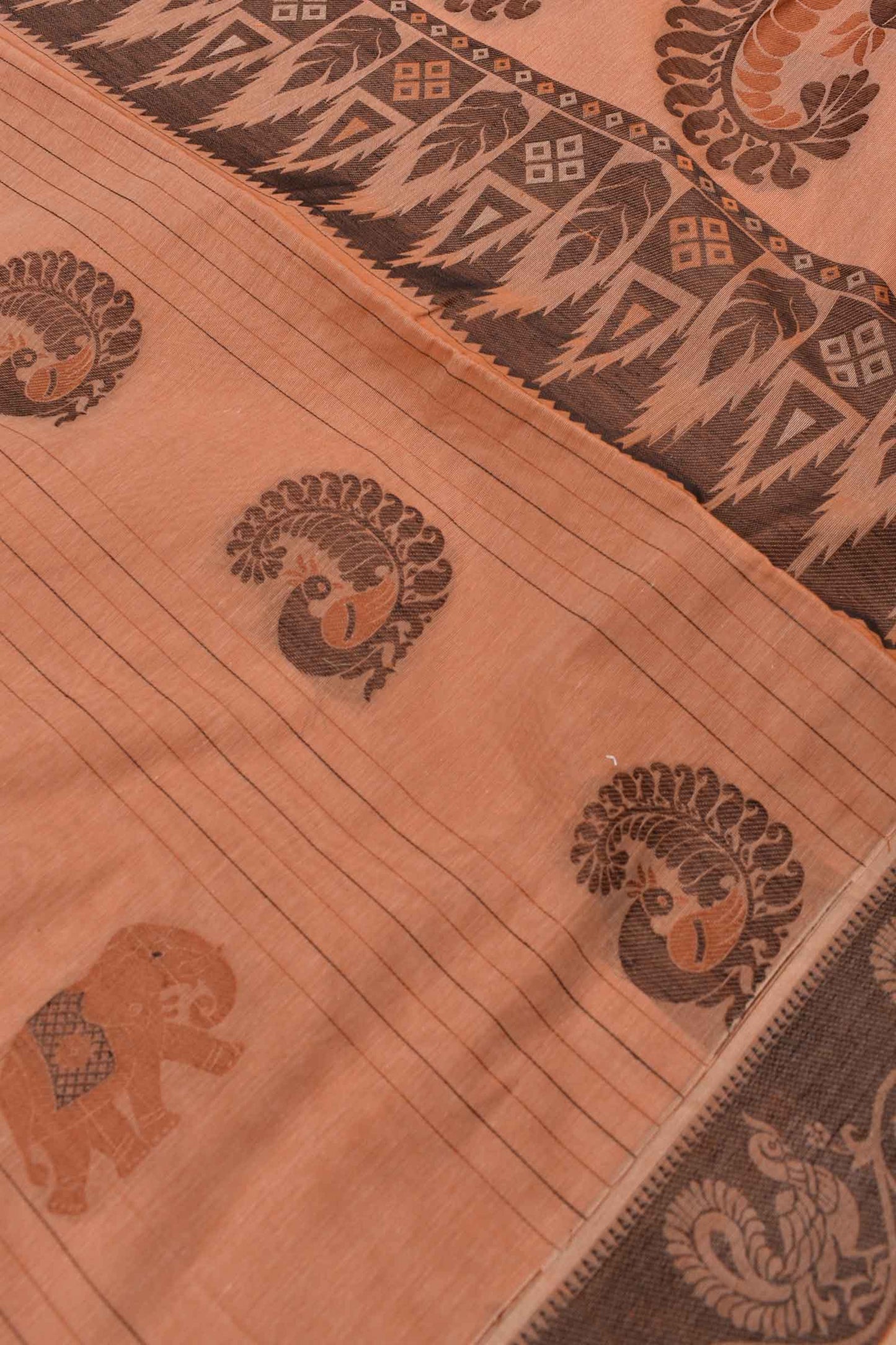 Light Brown Pure South Cotton Elephant Peacock Butta Rich Pallu Saree