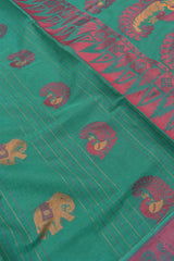 Green Pure South Cotton Elephant Peacock Butta Rich Pallu Saree