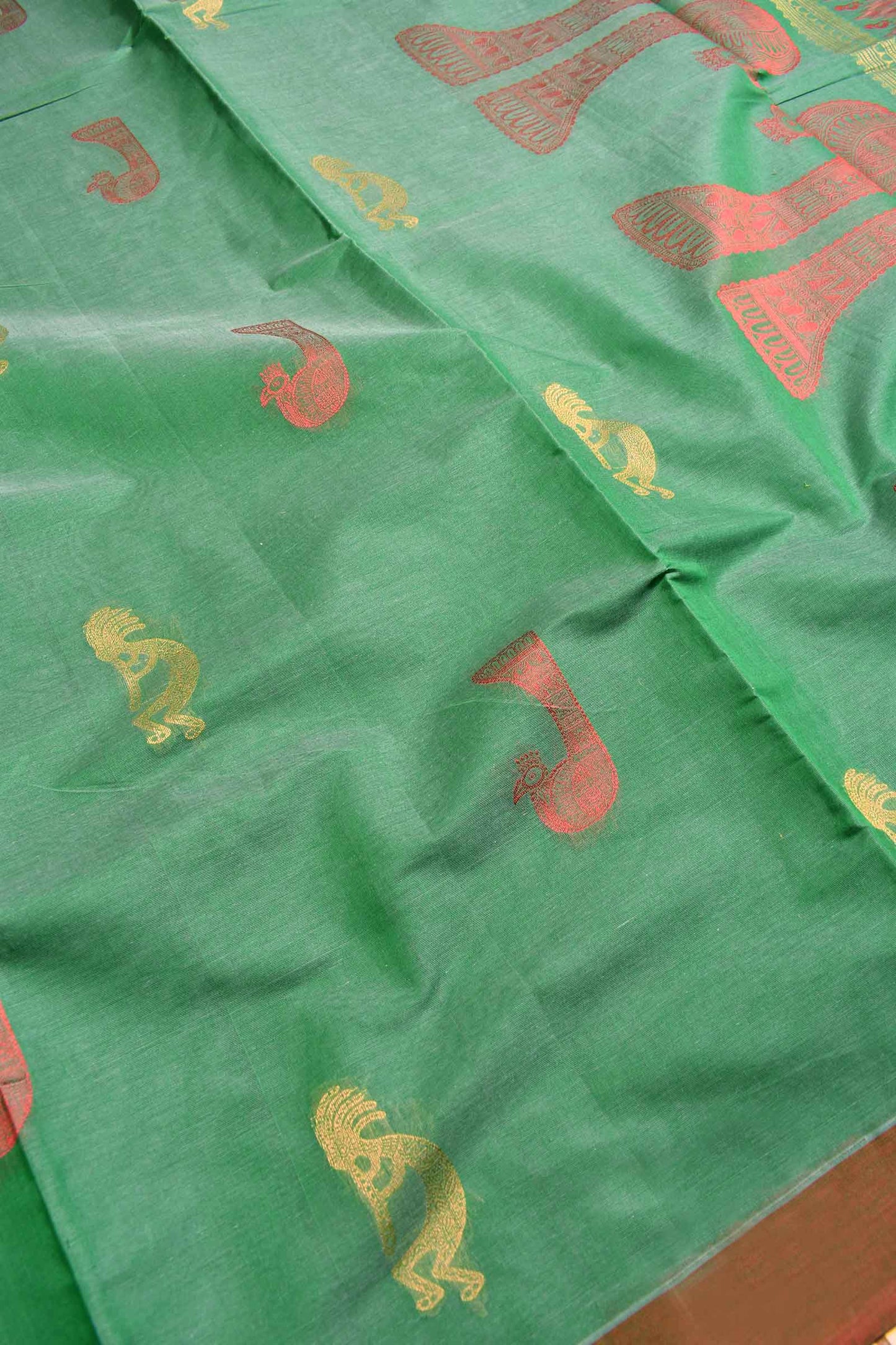 Green Pure South Cotton Dancing Figure Bird Pallu Saree