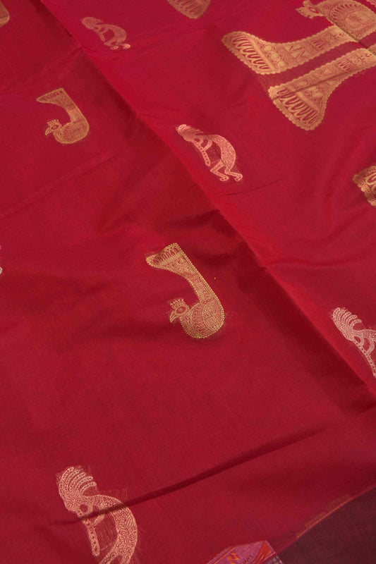 Red Cotton Pure South Cotton Dancing Figure Bird Pallu Saree