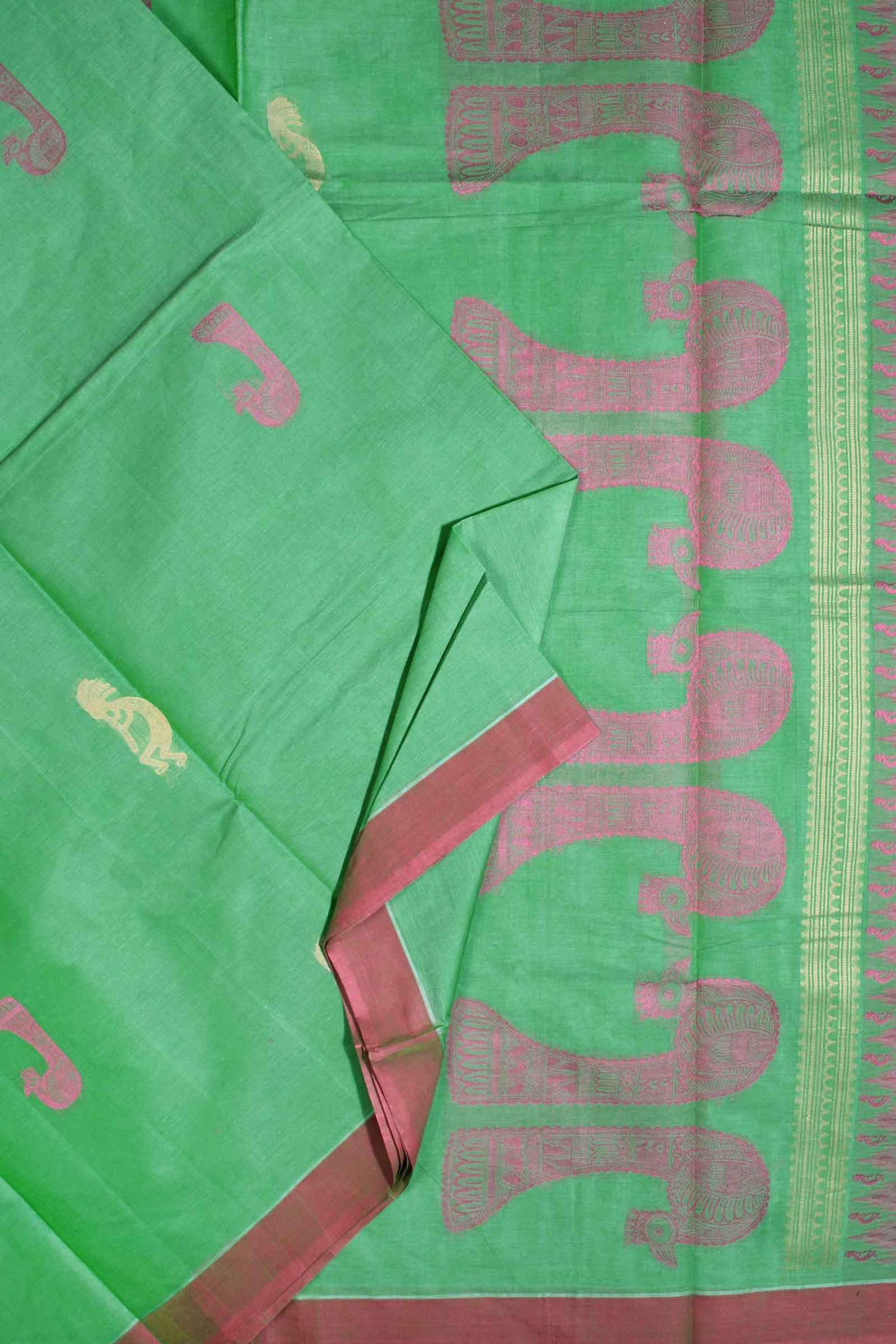 Green Pure South Cotton Dancing Figure Bird Pallu Saree