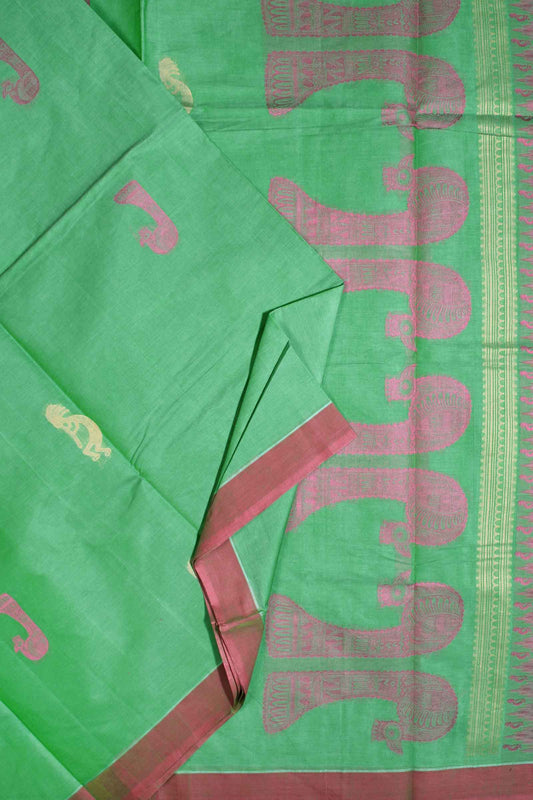 Green Pure South Cotton Dancing Figure Bird Pallu Saree