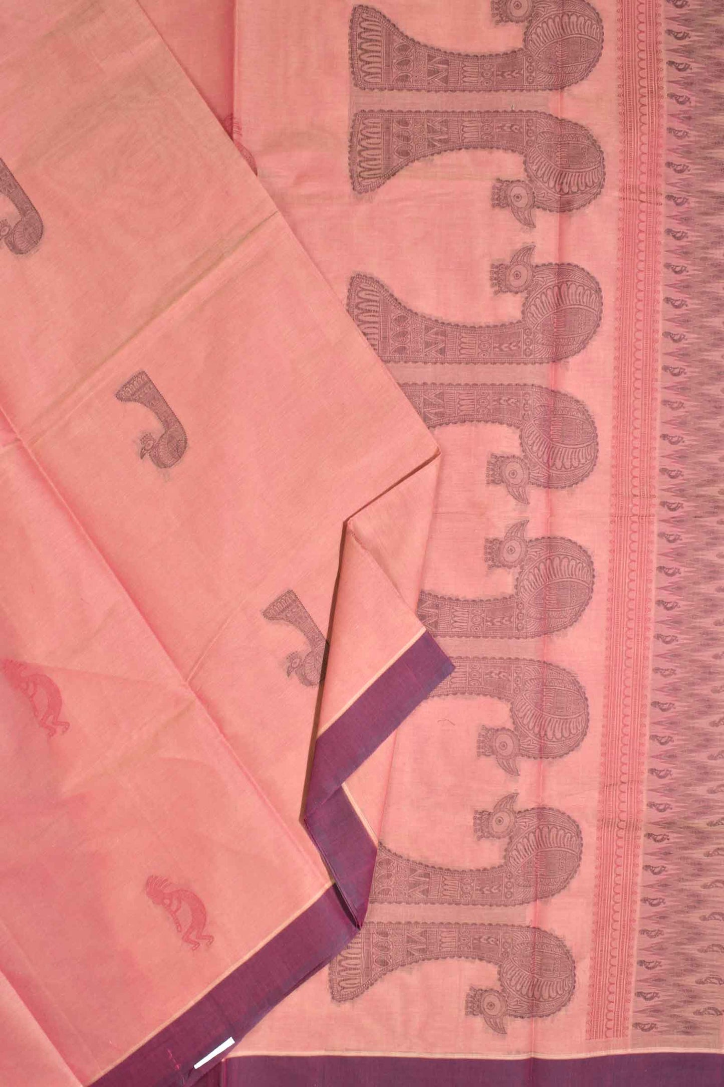 Peach Pure South Cotton Dancing Figure Bird Pallu Saree