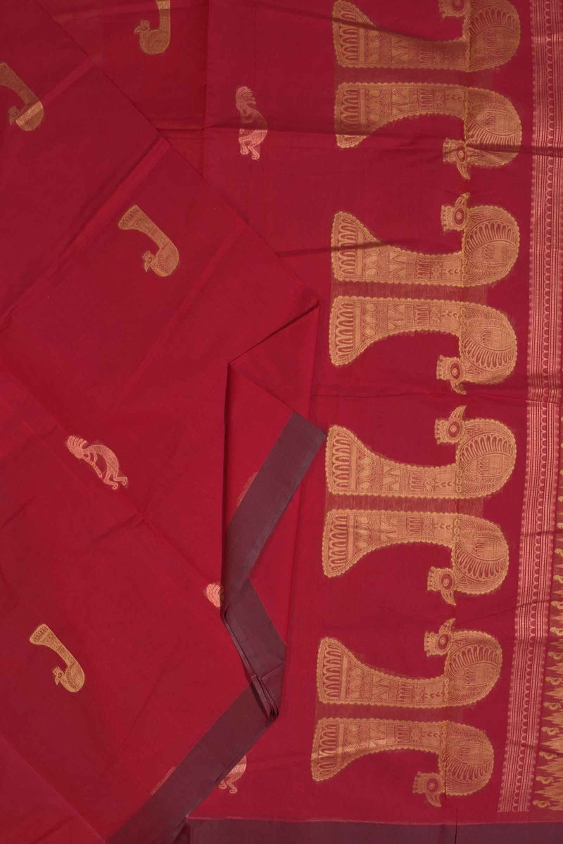 Red Cotton Pure South Cotton Dancing Figure Bird Pallu Saree