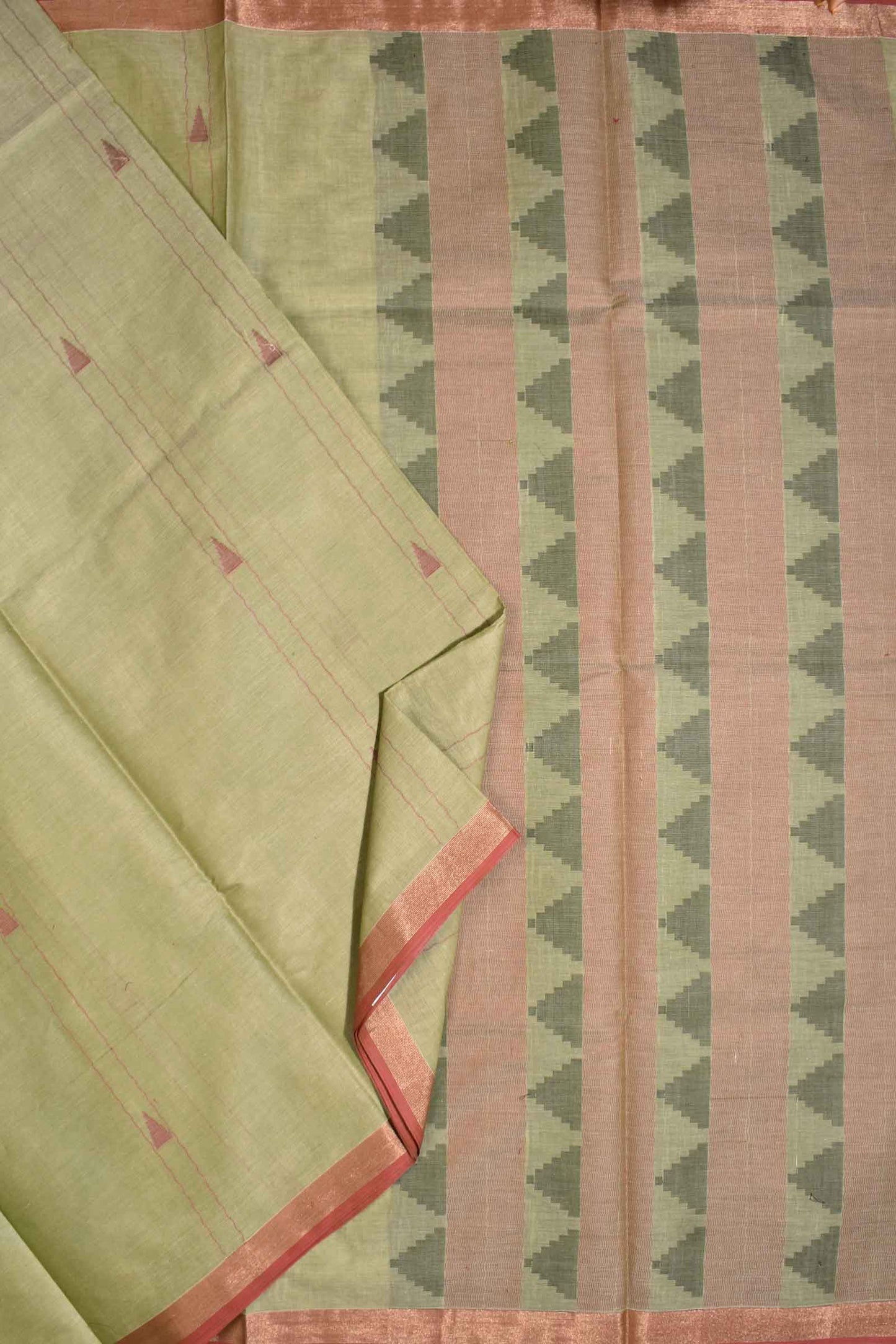 Light Green Pure South Cotton Small Border Triangle Butta Saree