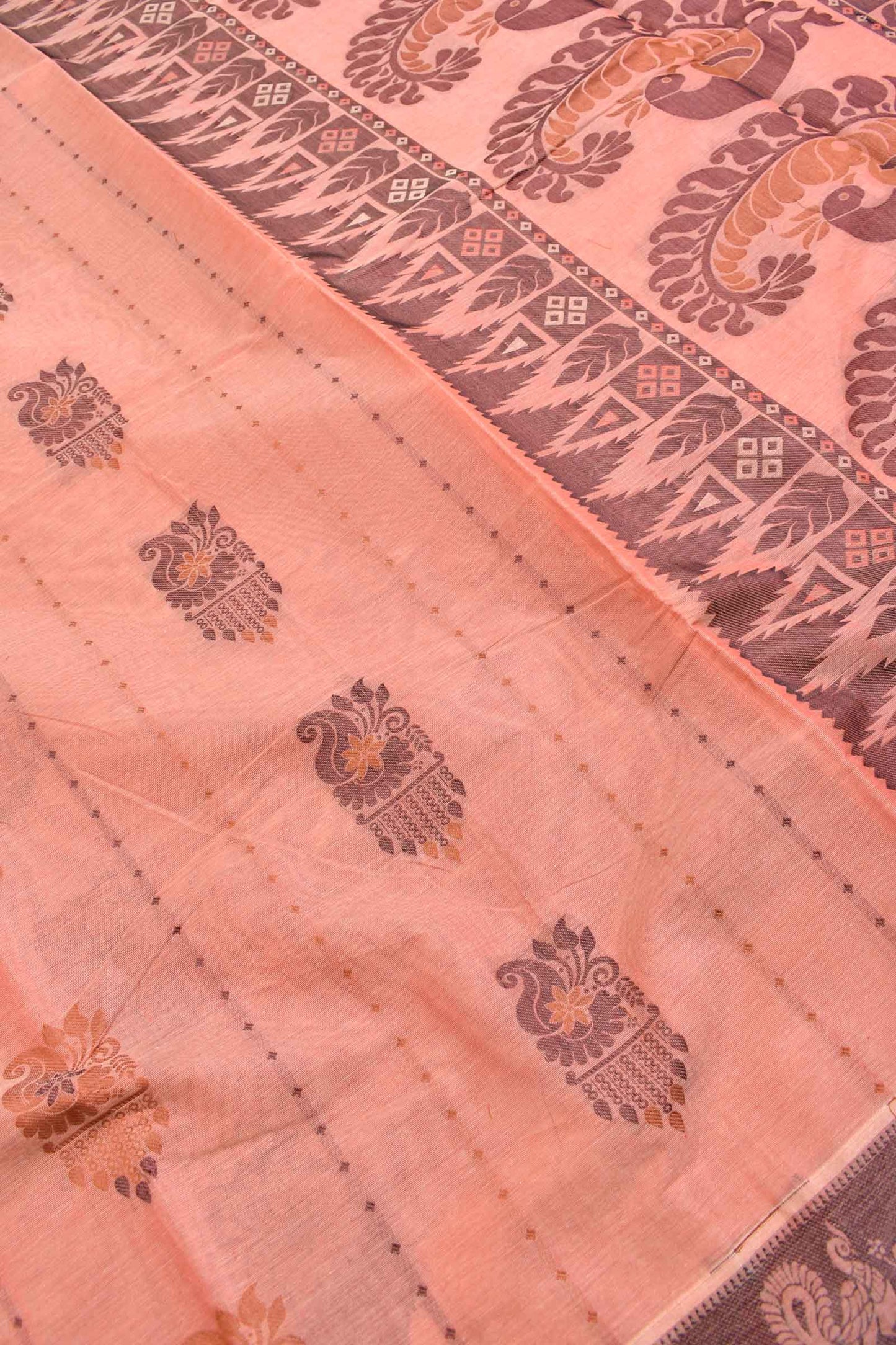 Peach Pure South Cotton Peacock Rich Pallu Saree