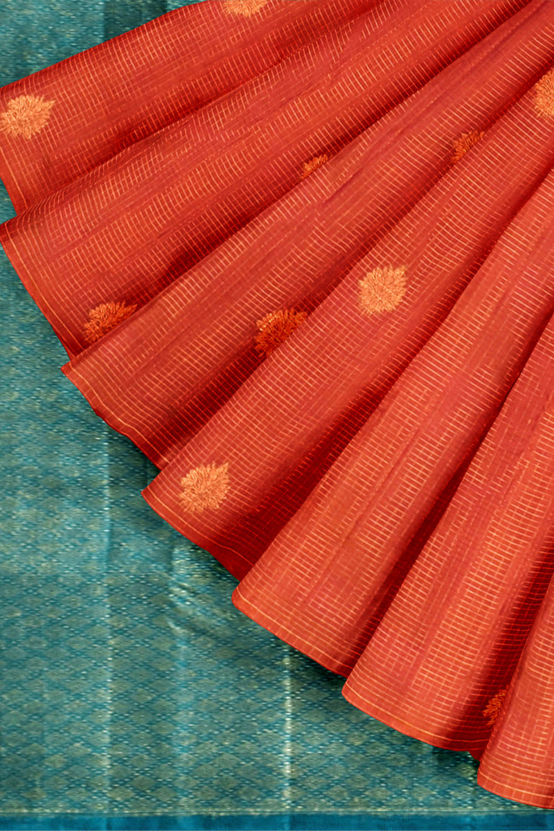 Orange Light Weight Pure Silk Arani Borderless Checkered Vairaoosi Body Saree