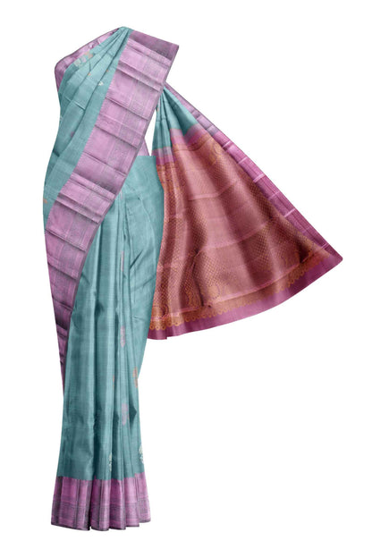 Blue Light Weight Pure Silk Arani Multi Zari Butta Contrast Violet Pallu Saree