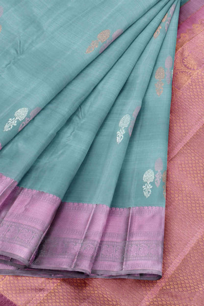 Blue Light Weight Pure Silk Arani Multi Zari Butta Contrast Violet Pallu Saree