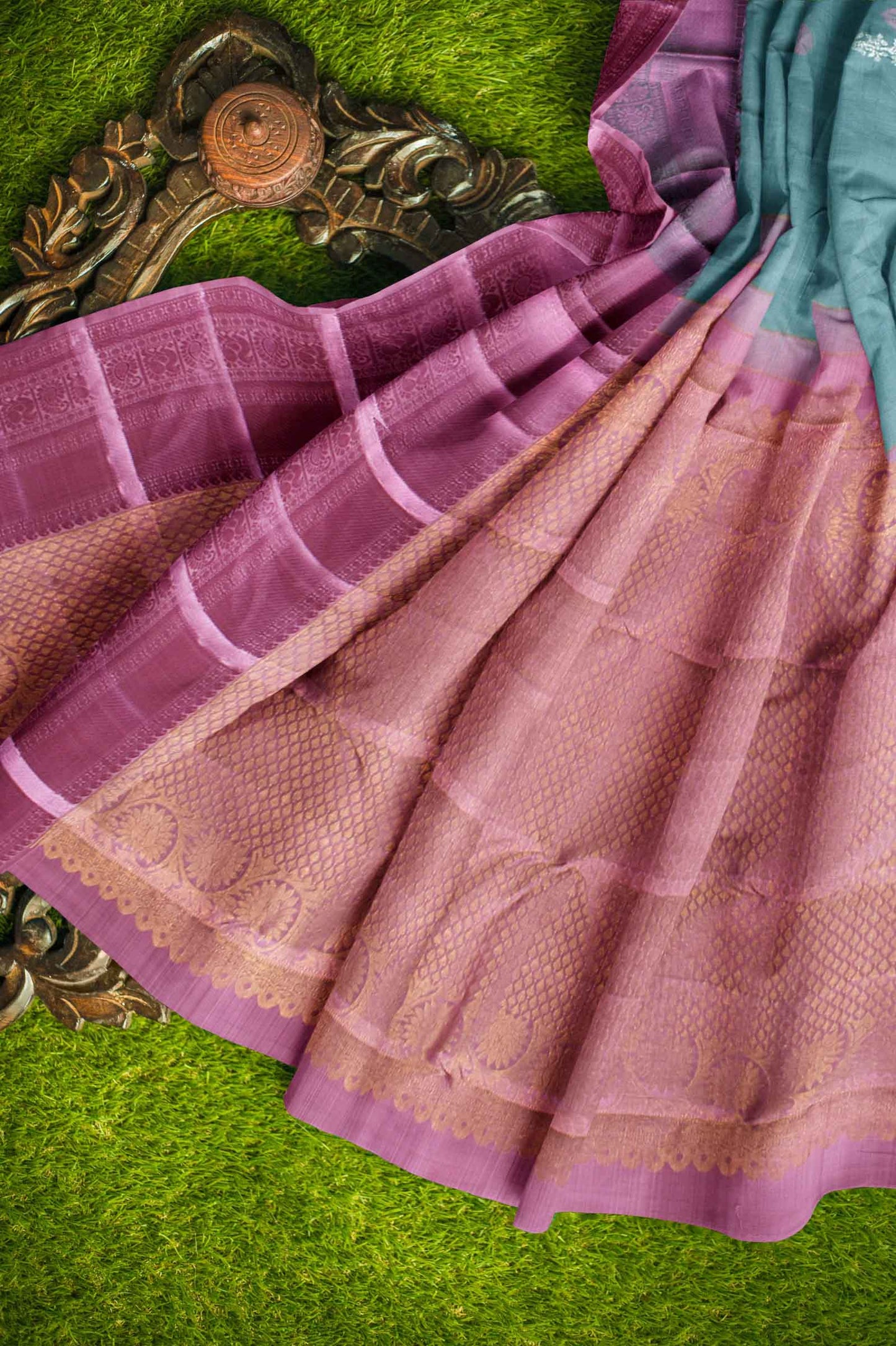 Blue Light Weight Pure Silk Arani Multi Zari Butta Contrast Violet Pallu Saree