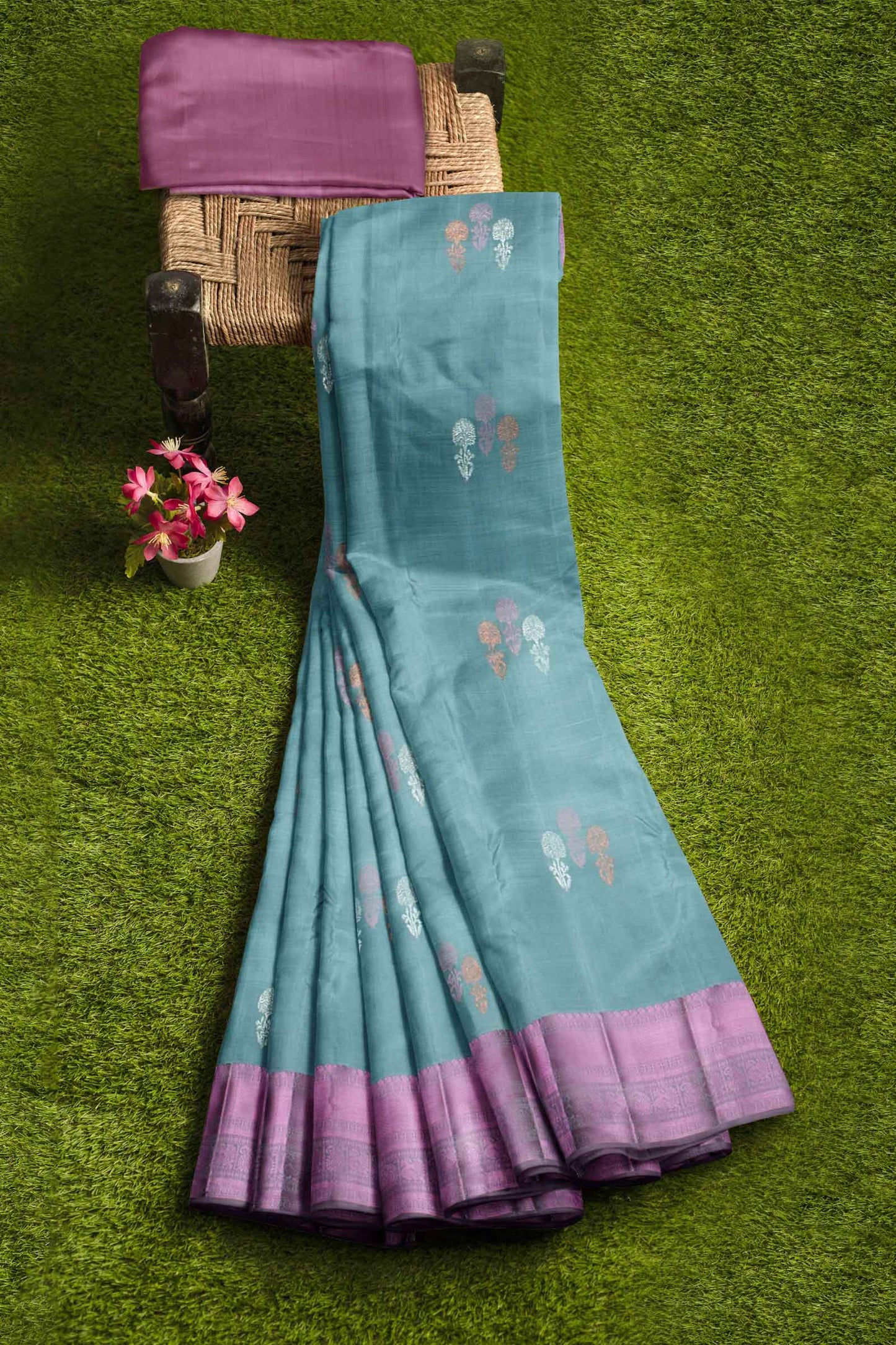 Blue Light Weight Pure Silk Arani Multi Zari Butta Contrast Violet Pallu Saree