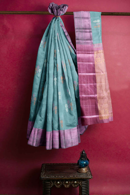 Blue Light Weight Pure Silk Arani Multi Zari Butta Contrast Violet Pallu Saree