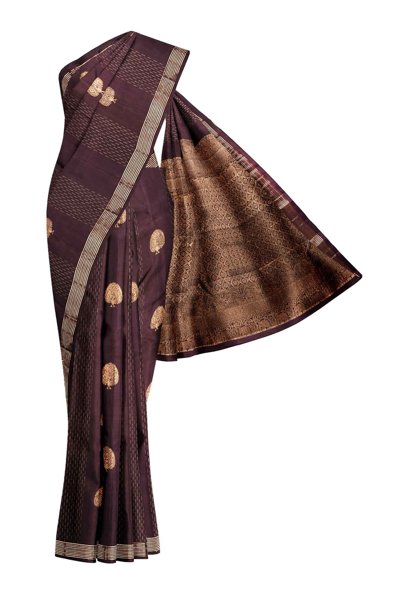 Brown Light Weight Pure Silk Arani All Over Peacock Butta Saree