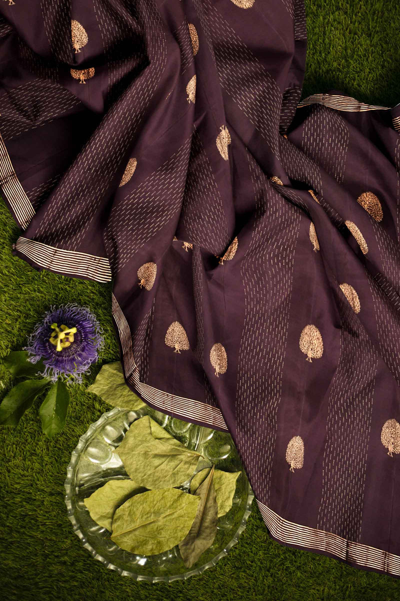 Brown Light Weight Pure Silk Arani All Over Peacock Butta Saree