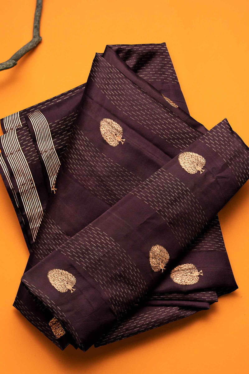 Brown Light Weight Pure Silk Arani All Over Peacock Butta Saree