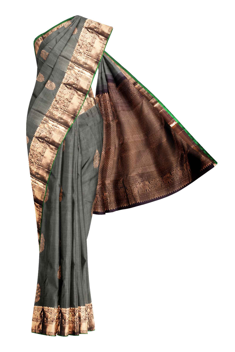 Grey Light Weight Arani Pure Silk Tradtional Elephant Peacock Border Saree