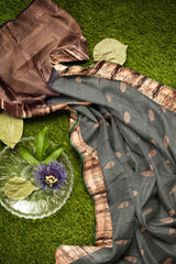 Grey Light Weight Arani Pure Silk Tradtional Elephant Peacock Border Saree