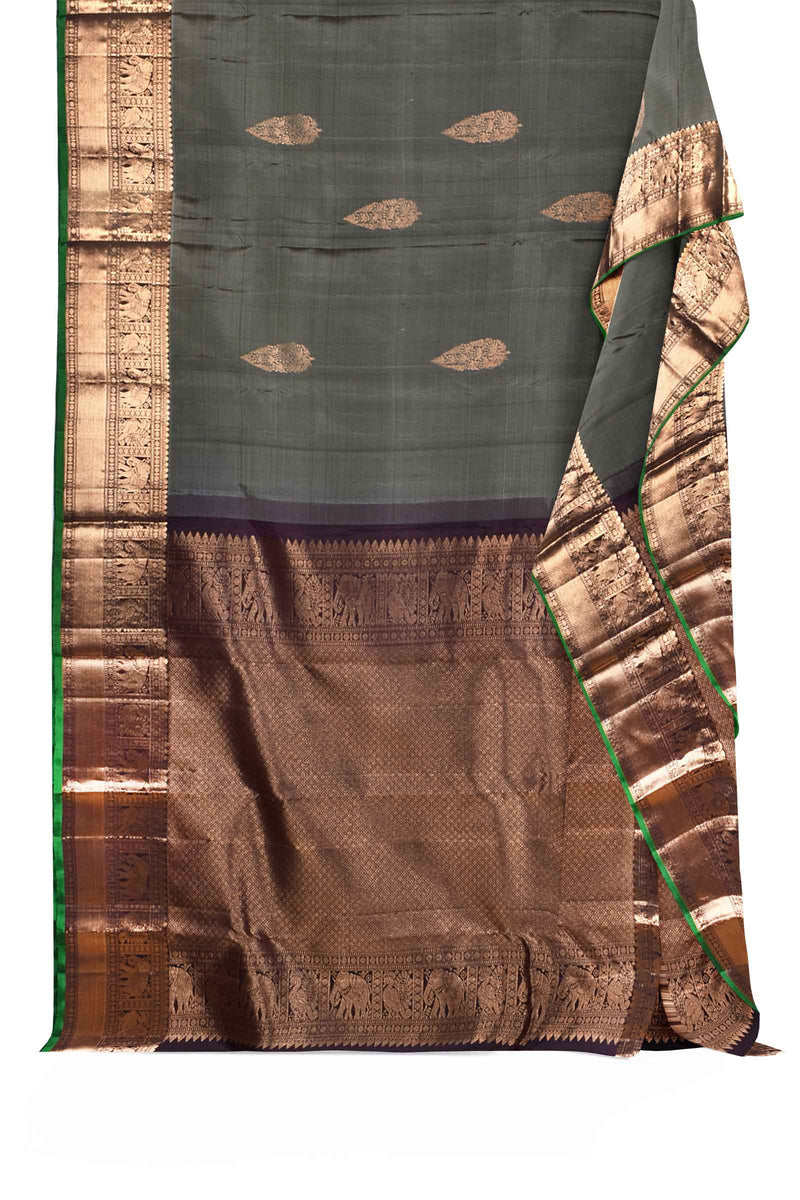 Grey Light Weight Arani Pure Silk Tradtional Elephant Peacock Border Saree