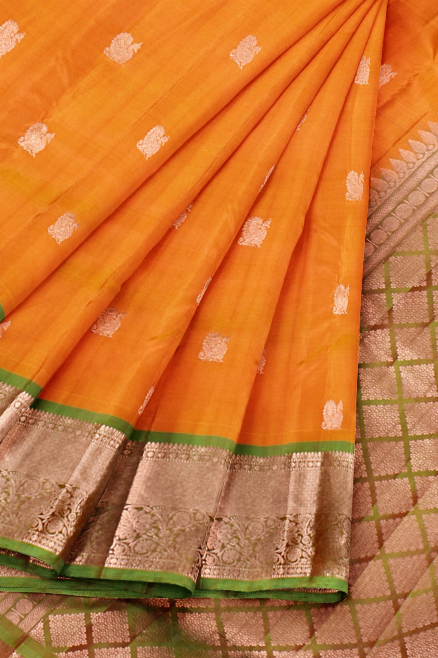 Orange Light Weight Arani Pure Silk Peacock Butta Saree