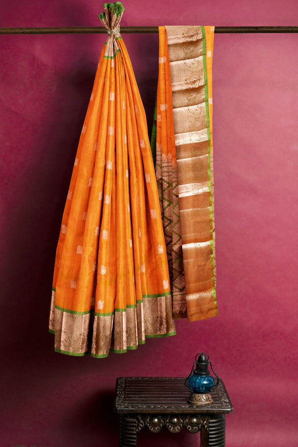 Orange Light Weight Arani Pure Silk Peacock Butta Saree