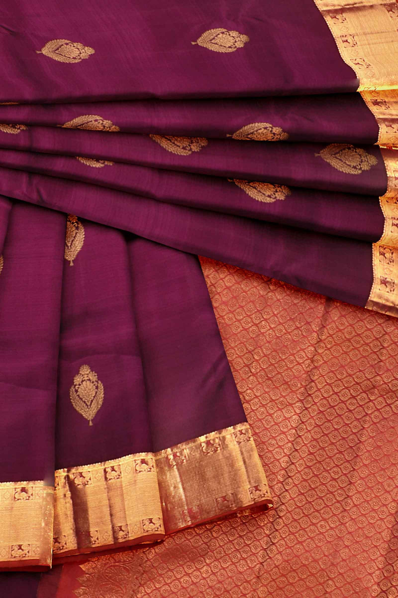 Violet Light Weight Pure Silk Arani All over Butta Contrast Pallu Saree