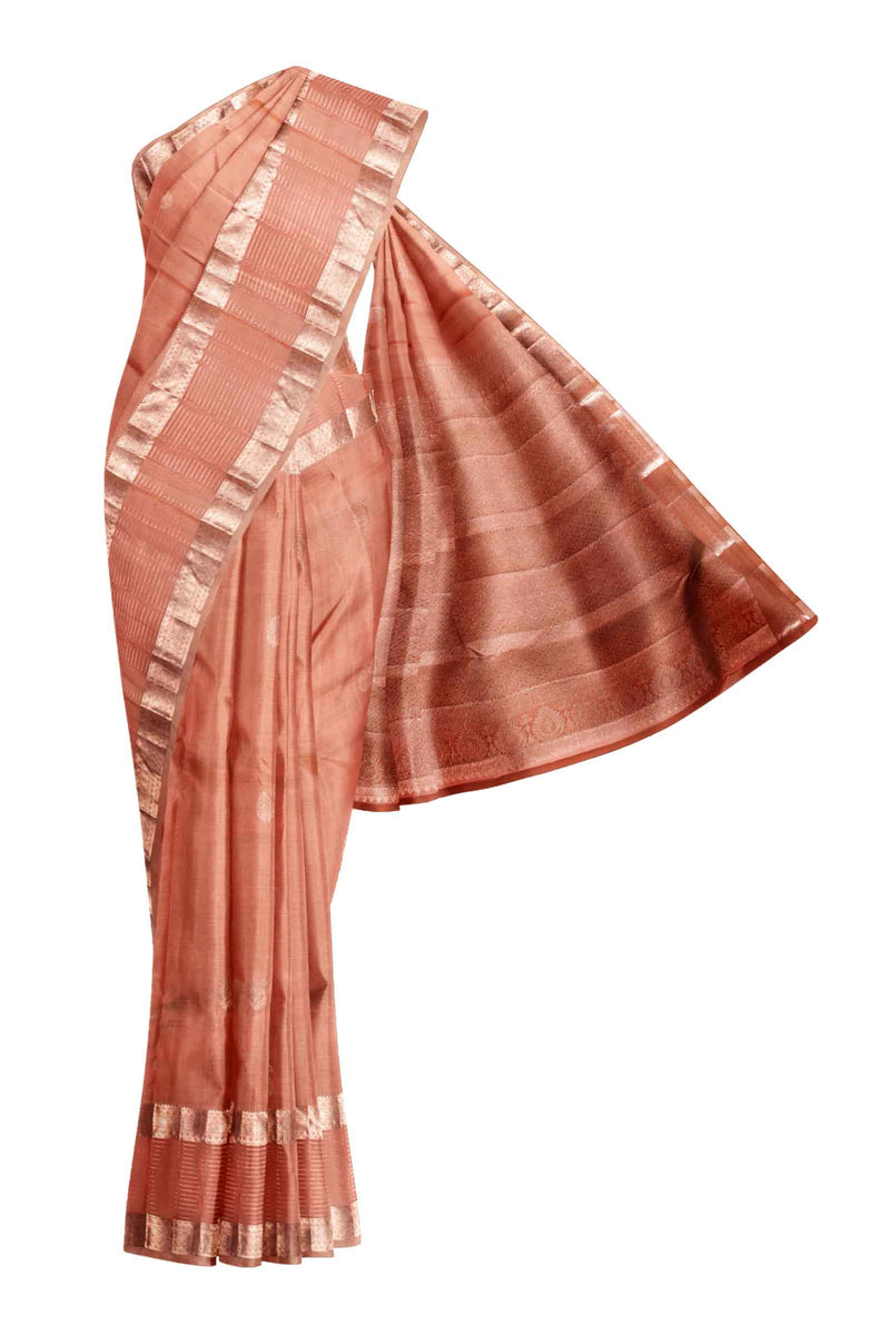 Peach Light Weight Pure Silk Arani Paisely Butta Double Border Saree