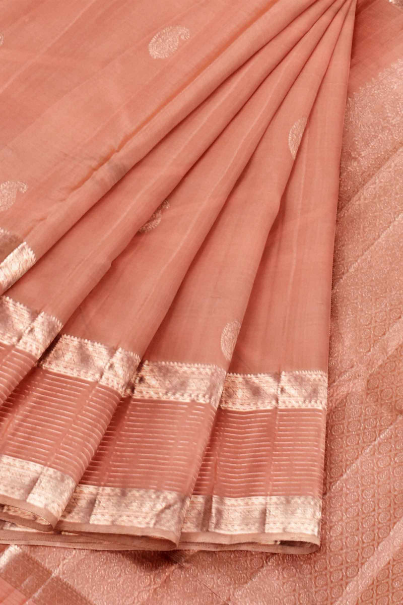 Peach Light Weight Pure Silk Arani Paisely Butta Double Border Saree