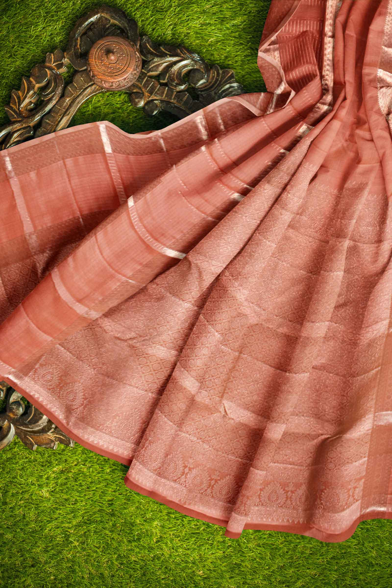 Peach Light Weight Pure Silk Arani Paisely Butta Double Border Saree