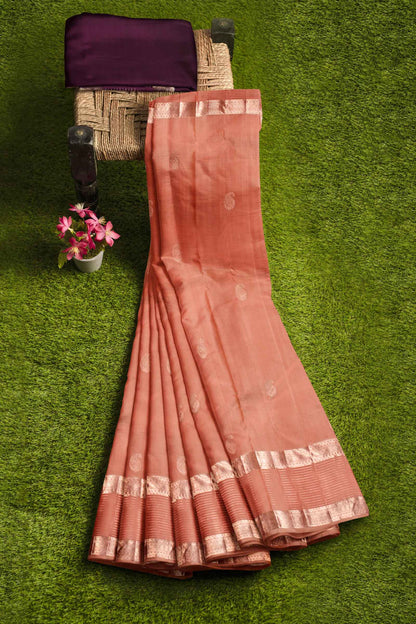 Peach Light Weight Pure Silk Arani Paisely Butta Double Border Saree