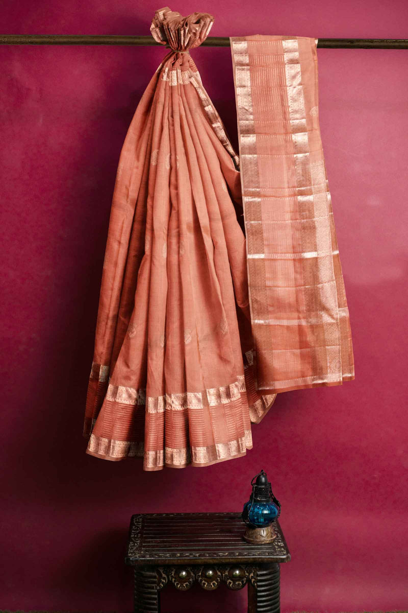 Peach Light Weight Pure Silk Arani Paisely Butta Double Border Saree