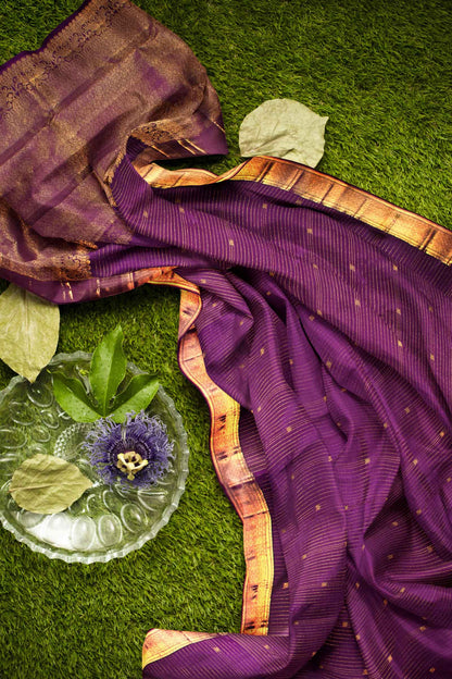 Violet Light Weight Pure Silk Arani Multi Line Zari Saree