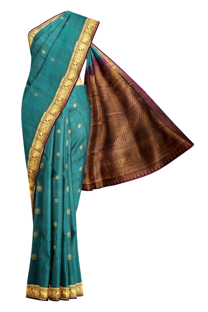 Blue Light Weight Coin Butta Elephant Border Pure Silk Saree