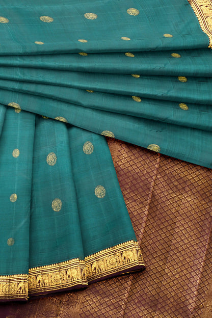 Blue Light Weight Coin Butta Elephant Border Pure Silk Saree