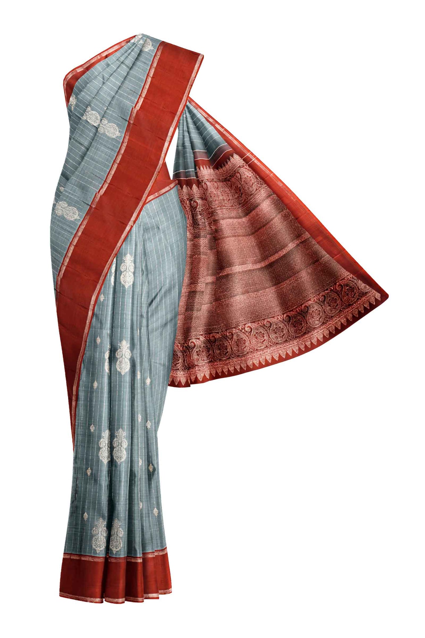 Grey Light Weight Pure Silk Arani All Over Zari Line Butta Contrast Pallu Saree