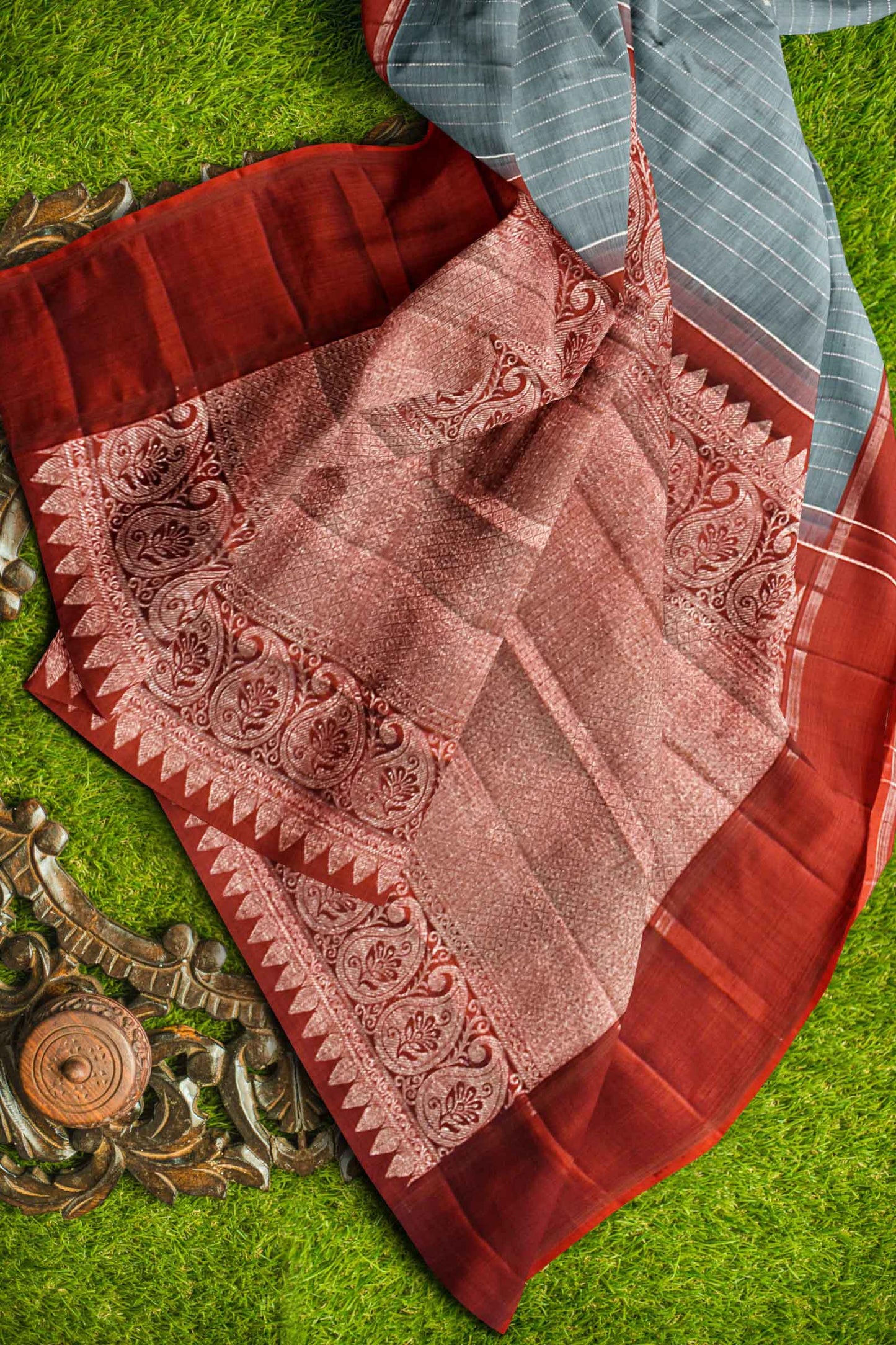 Grey Light Weight Pure Silk Arani All Over Zari Line Butta Contrast Pallu Saree