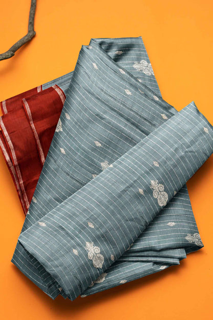 Grey Light Weight Pure Silk Arani All Over Zari Line Butta Contrast Pallu Saree