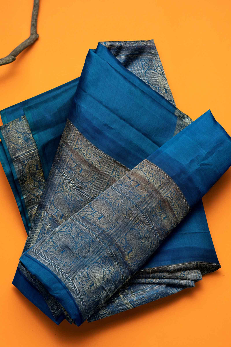 Blue Light Weight Arani Pure Silk Big Square Butta Contrast Pallu Saree