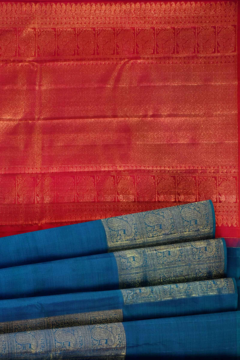 Blue Light Weight Arani Pure Silk Big Square Butta Contrast Pallu Saree