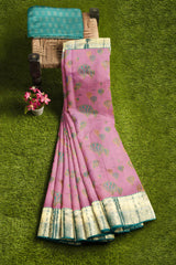 Light Violet Light Weight Arani Pure Silk Contrast Blue Border Balloon Butta Saree