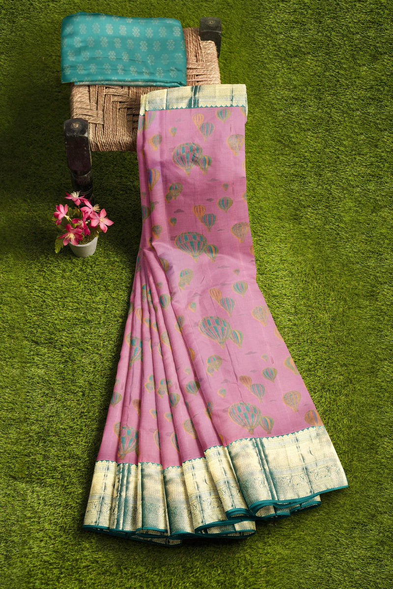 Light Violet Light Weight Arani Pure Silk Contrast Blue Border Balloon Butta Saree