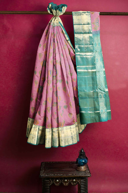 Light Violet Light Weight Arani Pure Silk Contrast Blue Border Balloon Butta Saree