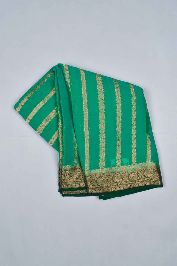 Green  Georgette Gold Stripes Contrast Pallu Saree