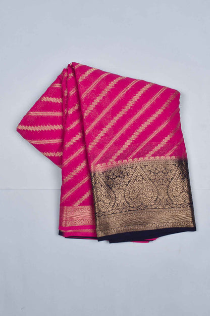 Pink Georgette Gold Stripes Contrast Pallu Big Border Saree