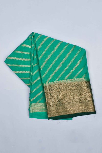 Green  Georgette Gold Stripes Contrast Pallu Big Border Saree