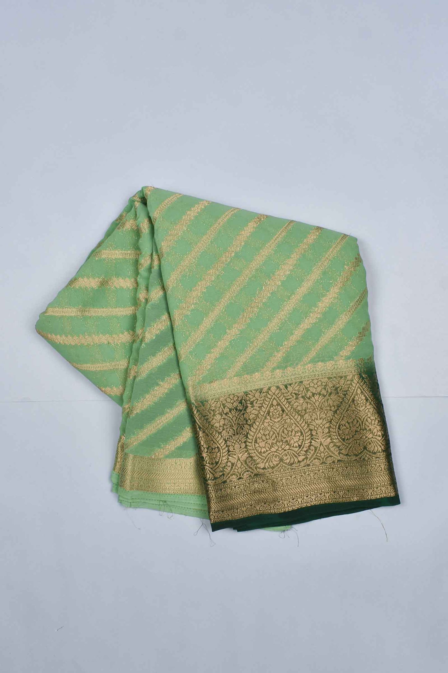 Light Green Georgette Gold Stripes Big Border Saree