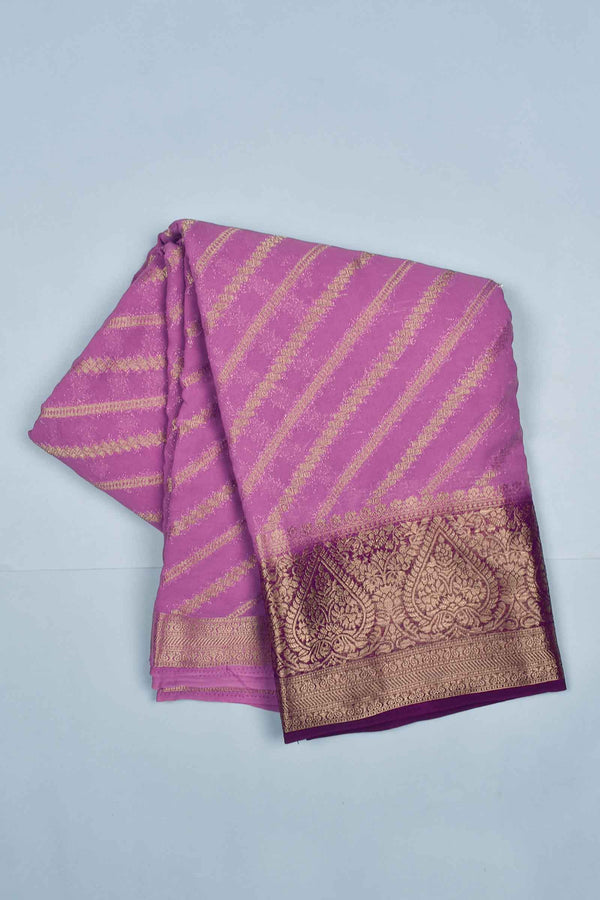 Light Violet Georgette Gold Stripes Big Border Saree