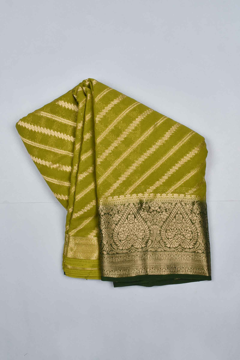 Olive Green Georgette Gold Stripes Contrast Pallu Saree