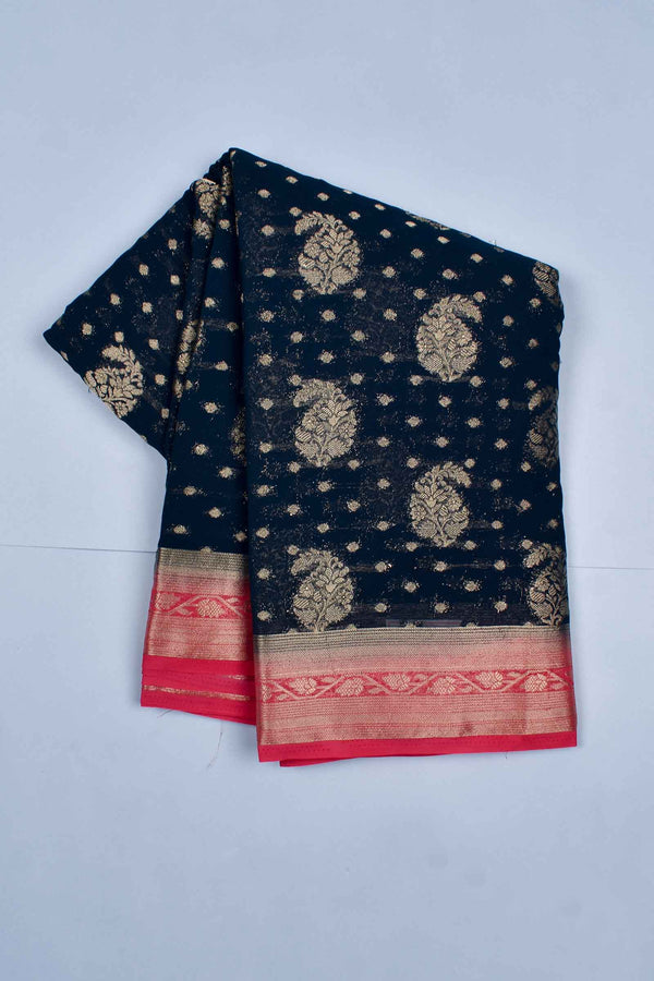 Navy Blue Georgette Mango Butta Contrast Pink Pallu Saree